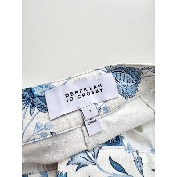 DEREK LAM 10 CROSBY Meloe White Blue Floral Stretch Twill Cropped Pants, Size 2 - Picture 14 of 16